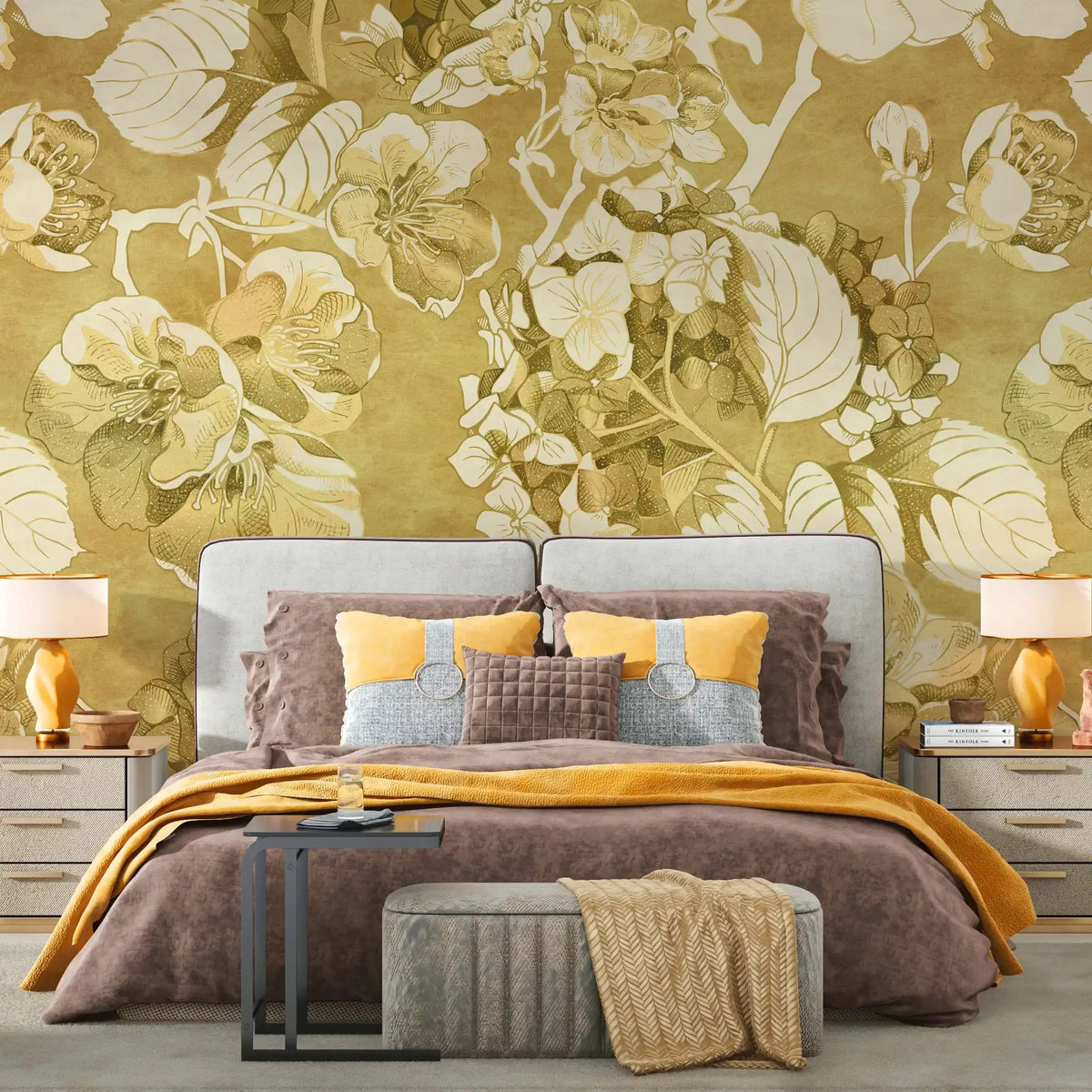 3036-C / Vintage Floral Mural Wallpaper: Yellow and Beige Art Style, Easy Install for Accent Wall Decor and Bathroom - Artevella