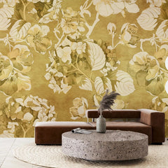 3036-C / Vintage Floral Mural Wallpaper: Yellow and Beige Art Style, Easy Install for Accent Wall Decor and Bathroom - Artevella