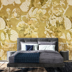 3036-C / Vintage Floral Mural Wallpaper: Yellow and Beige Art Style, Easy Install for Accent Wall Decor and Bathroom - Artevella