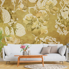 3036-C / Vintage Floral Mural Wallpaper: Yellow and Beige Art Style, Easy Install for Accent Wall Decor and Bathroom - Artevella