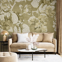 3036-D / Vintage Floral Mural Wallpaper: Green and Beige Art Style, Easy Install for Accent Wall Decor and Bathroom - Artevella