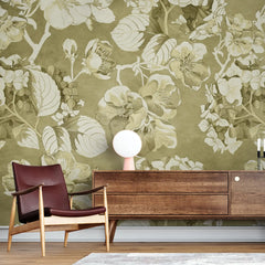 3036-D / Vintage Floral Mural Wallpaper: Green and Beige Art Style, Easy Install for Accent Wall Decor and Bathroom - Artevella