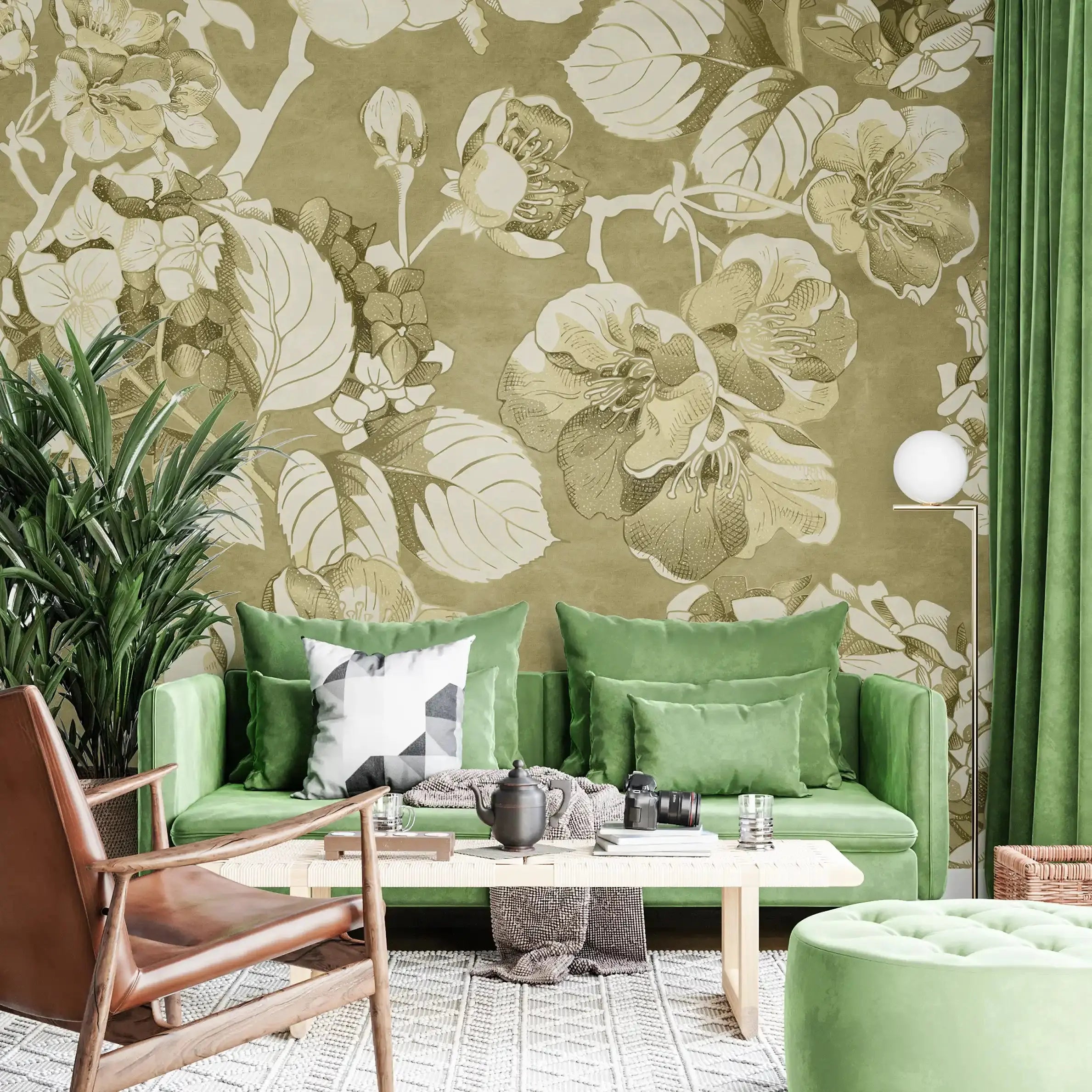 3036-D / Vintage Floral Mural Wallpaper: Green and Beige Art Style, Easy Install for Accent Wall Decor and Bathroom - Artevella