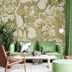 3036-D / Vintage Floral Mural Wallpaper: Green and Beige Art Style, Easy Install for Accent Wall Decor and Bathroom - Artevella