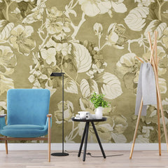 3036-D / Vintage Floral Mural Wallpaper: Green and Beige Art Style, Easy Install for Accent Wall Decor and Bathroom - Artevella