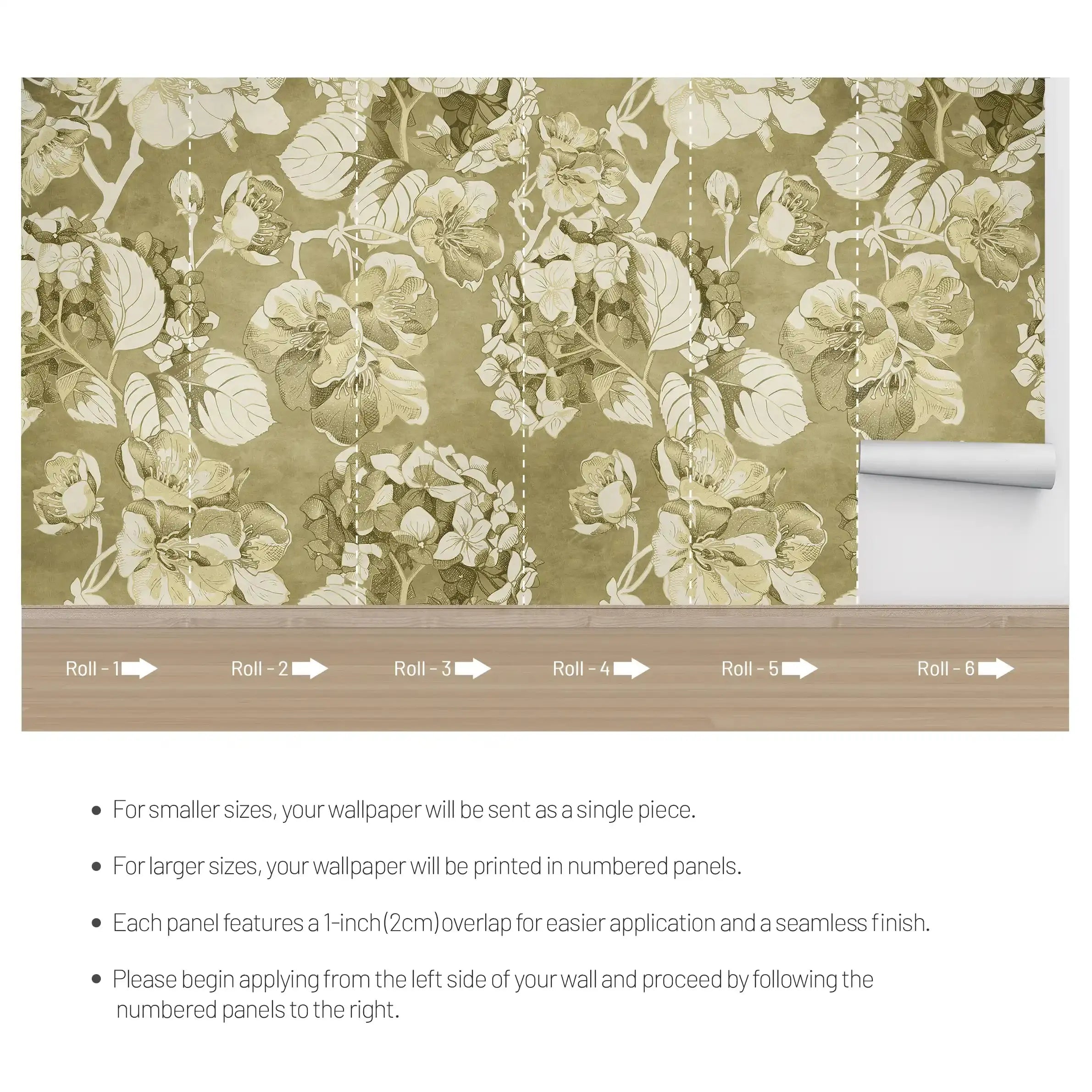 3036-D / Vintage Floral Mural Wallpaper: Green and Beige Art Style, Easy Install for Accent Wall Decor and Bathroom - Artevella