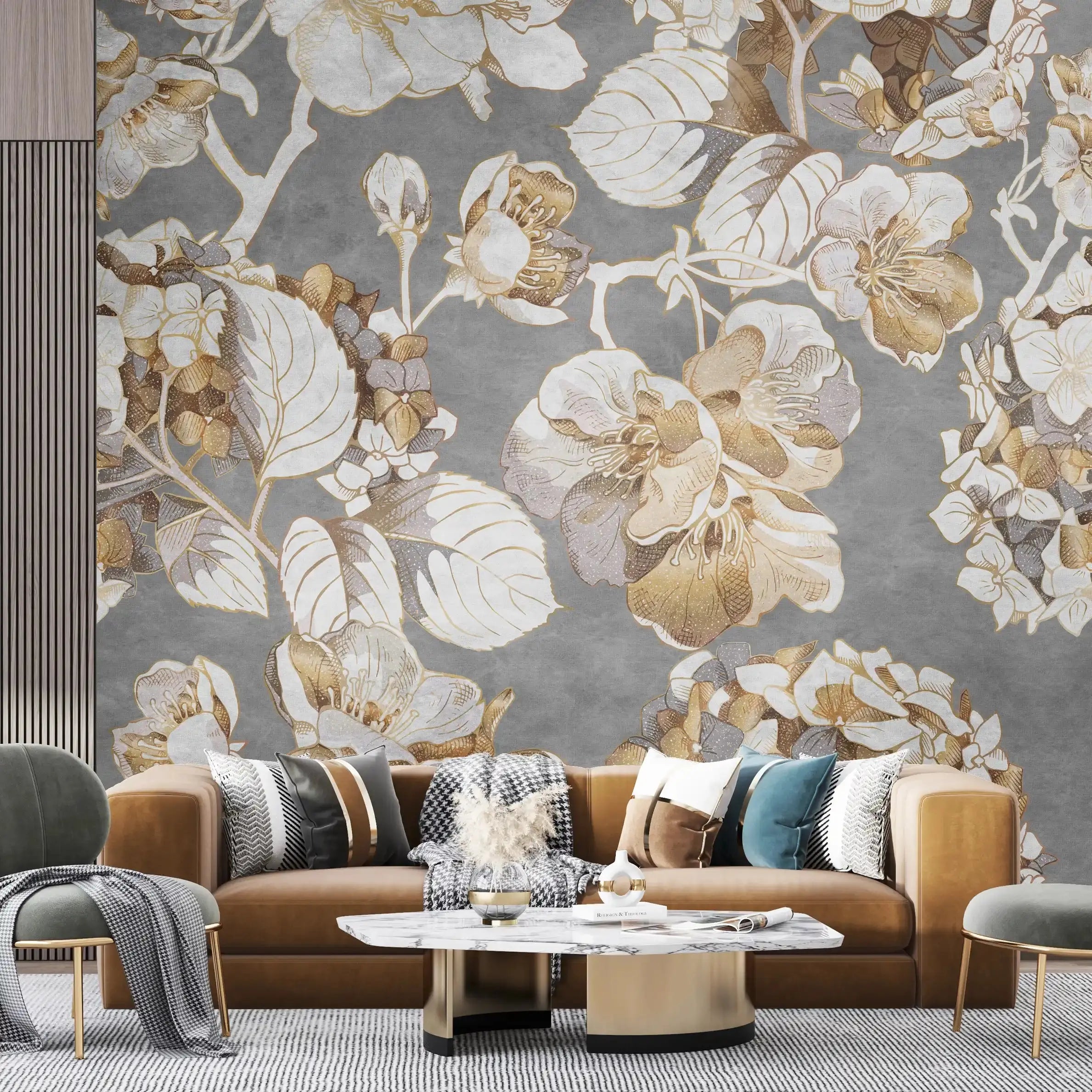 3036-E / Vintage Floral Mural Wallpaper: Grey and Brown Art Style, Easy Install for Accent Wall Decor and Bathroom - Artevella