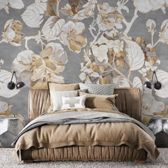 3036-E / Vintage Floral Mural Wallpaper: Grey and Brown Art Style, Easy Install for Accent Wall Decor and Bathroom - Artevella