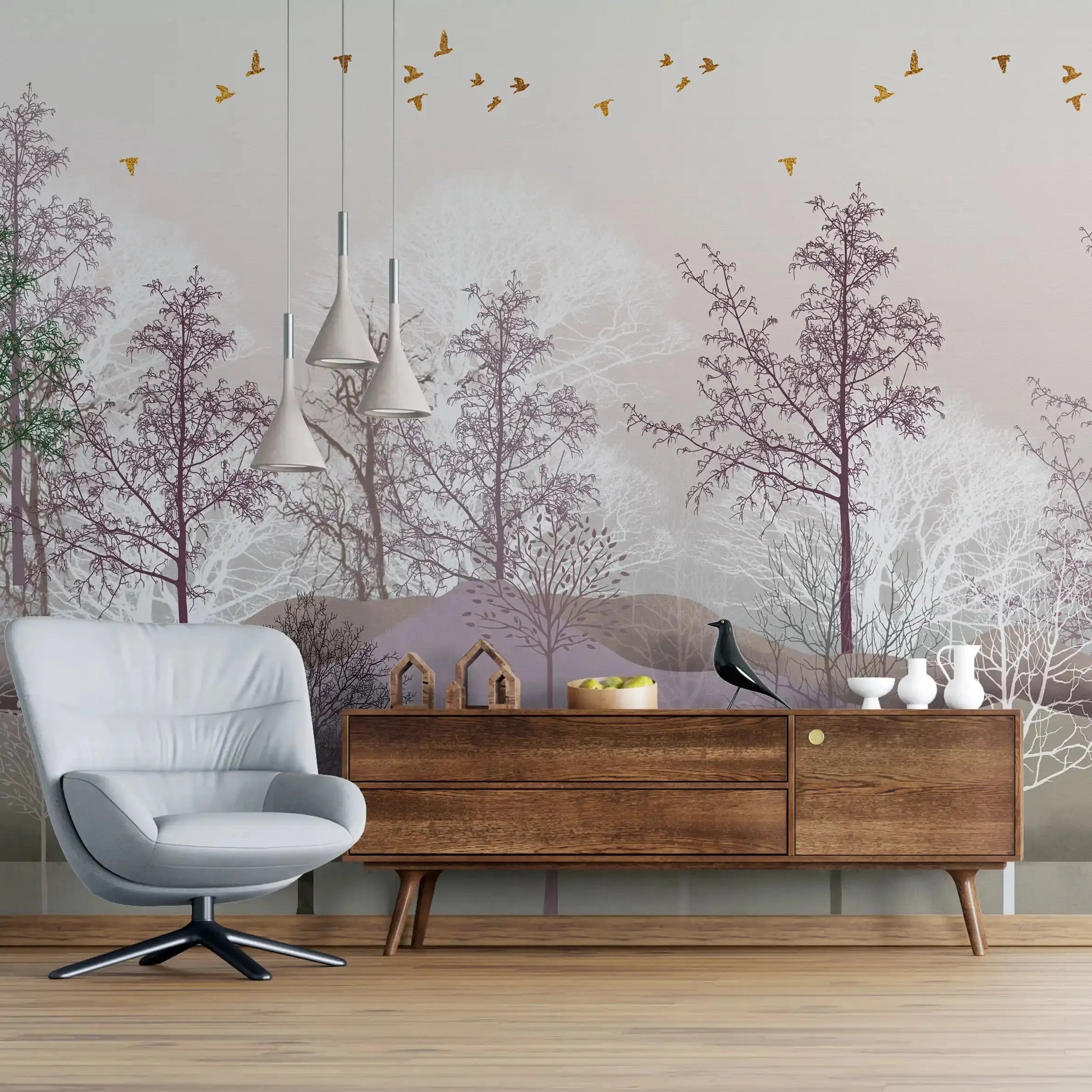 3040-A / Nature-Inspired Peel and Stick Wallpaper: Winter Landscape with Trees and Birds, Perfect for Bathroom and Bedroom - Artevella