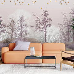 3040-A / Nature-Inspired Peel and Stick Wallpaper: Winter Landscape with Trees and Birds, Perfect for Bathroom and Bedroom - Artevella