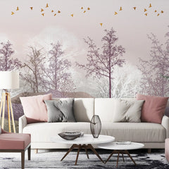 3040-A / Nature-Inspired Peel and Stick Wallpaper: Winter Landscape with Trees and Birds, Perfect for Bathroom and Bedroom - Artevella