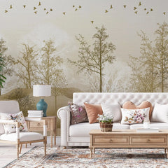 3040-B / Nature-Inspired Peel and Stick Wallpaper: Winter Landscape with Trees and Birds, Perfect for Bathroom and Bedroom - Artevella