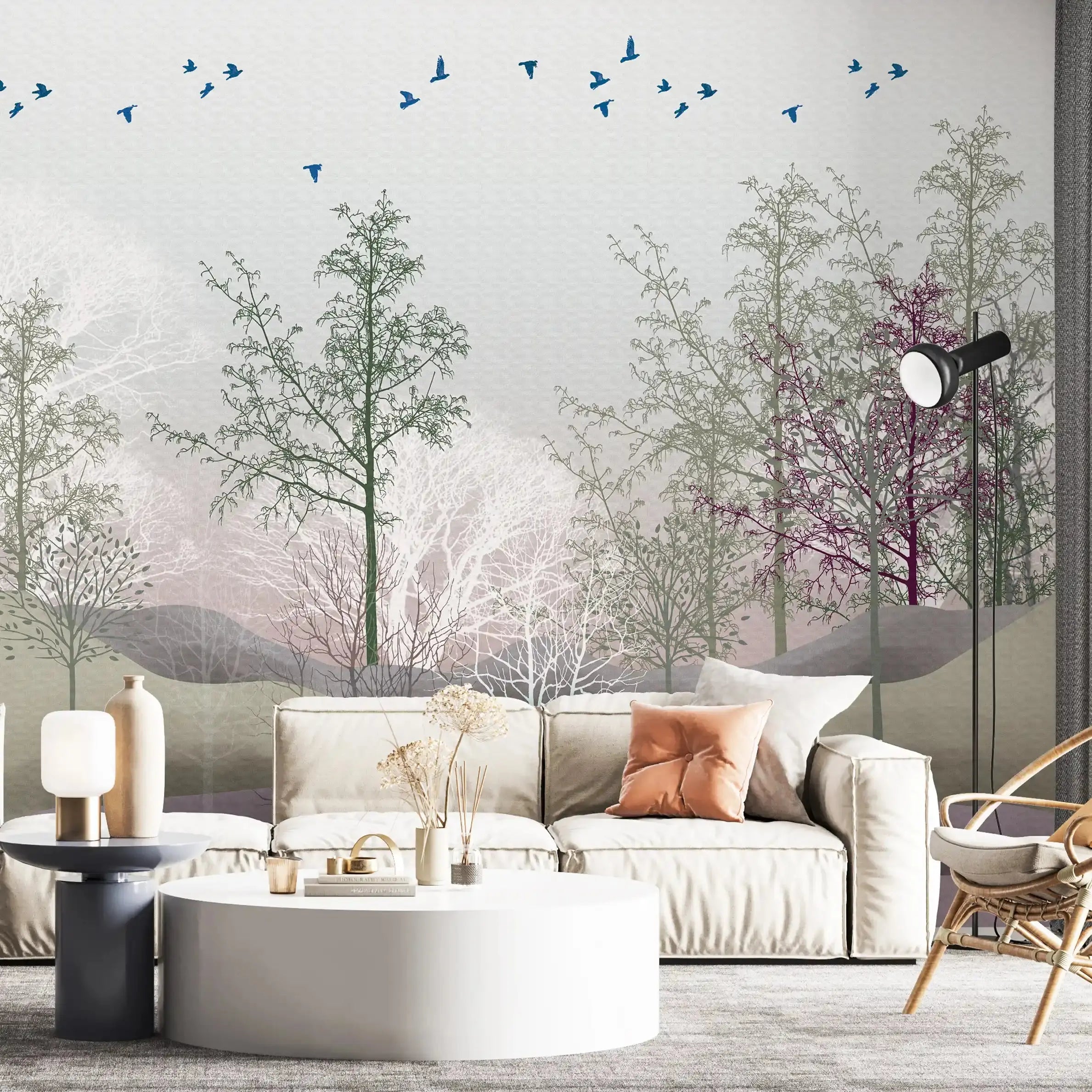3040-C / Nature-Inspired Peel and Stick Wallpaper: Winter Landscape with Trees and Birds, Perfect for Bathroom and Bedroom - Artevella