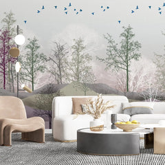 3040-C / Nature-Inspired Peel and Stick Wallpaper: Winter Landscape with Trees and Birds, Perfect for Bathroom and Bedroom - Artevella