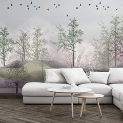 3040-C / Nature-Inspired Peel and Stick Wallpaper: Winter Landscape with Trees and Birds, Perfect for Bathroom and Bedroom - Artevella