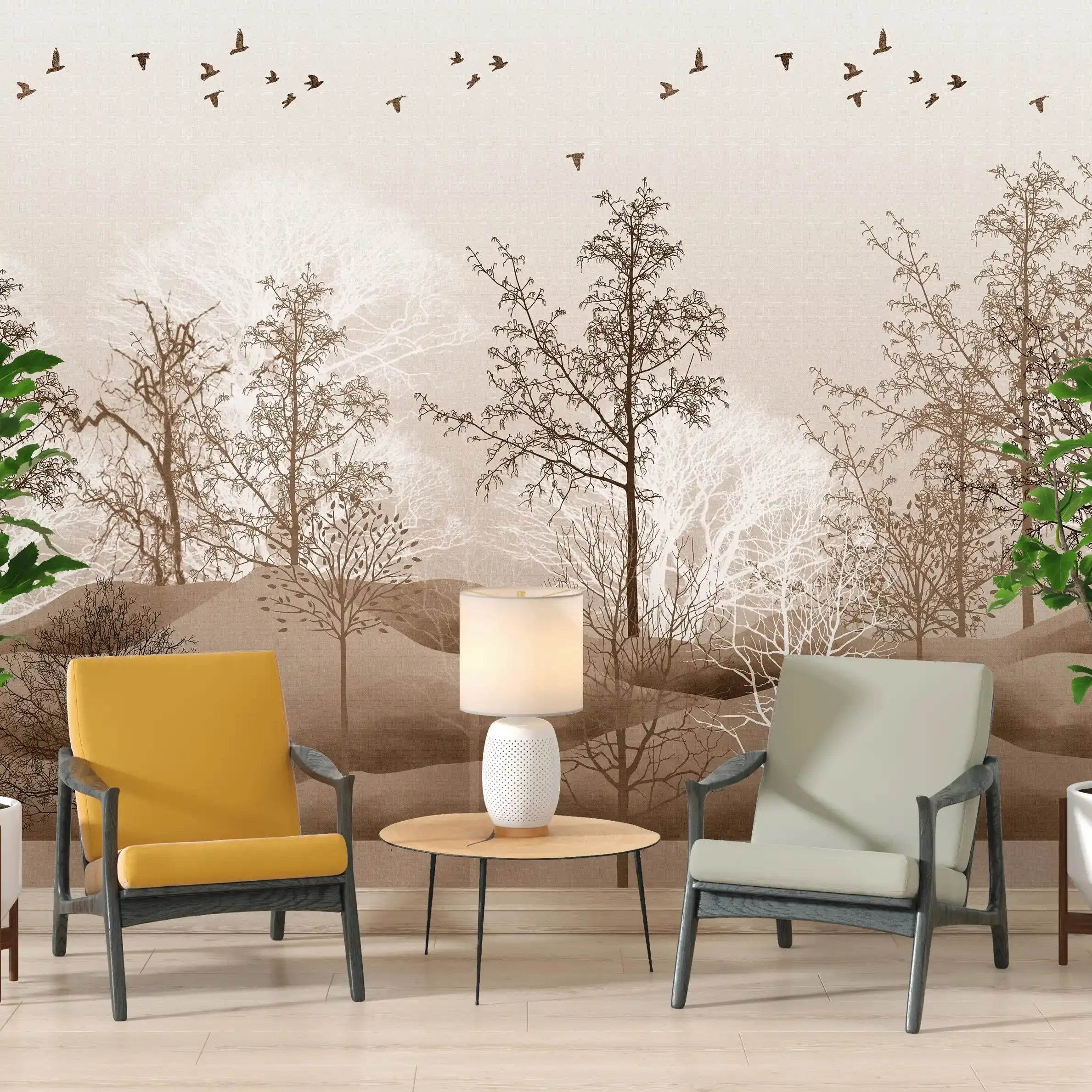 3040-D / Nature-Inspired Peel and Stick Wallpaper: Winter Landscape with Trees and Birds, Perfect for Bathroom and Bedroom - Artevella