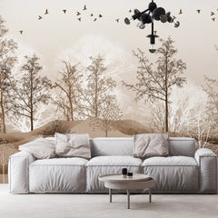 3040-D / Nature-Inspired Peel and Stick Wallpaper: Winter Landscape with Trees and Birds, Perfect for Bathroom and Bedroom - Artevella