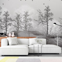 3040-E / Nature-Inspired Peel and Stick Wallpaper: Winter Landscape with Trees and Birds, Perfect for Bathroom and Bedroom - Artevella