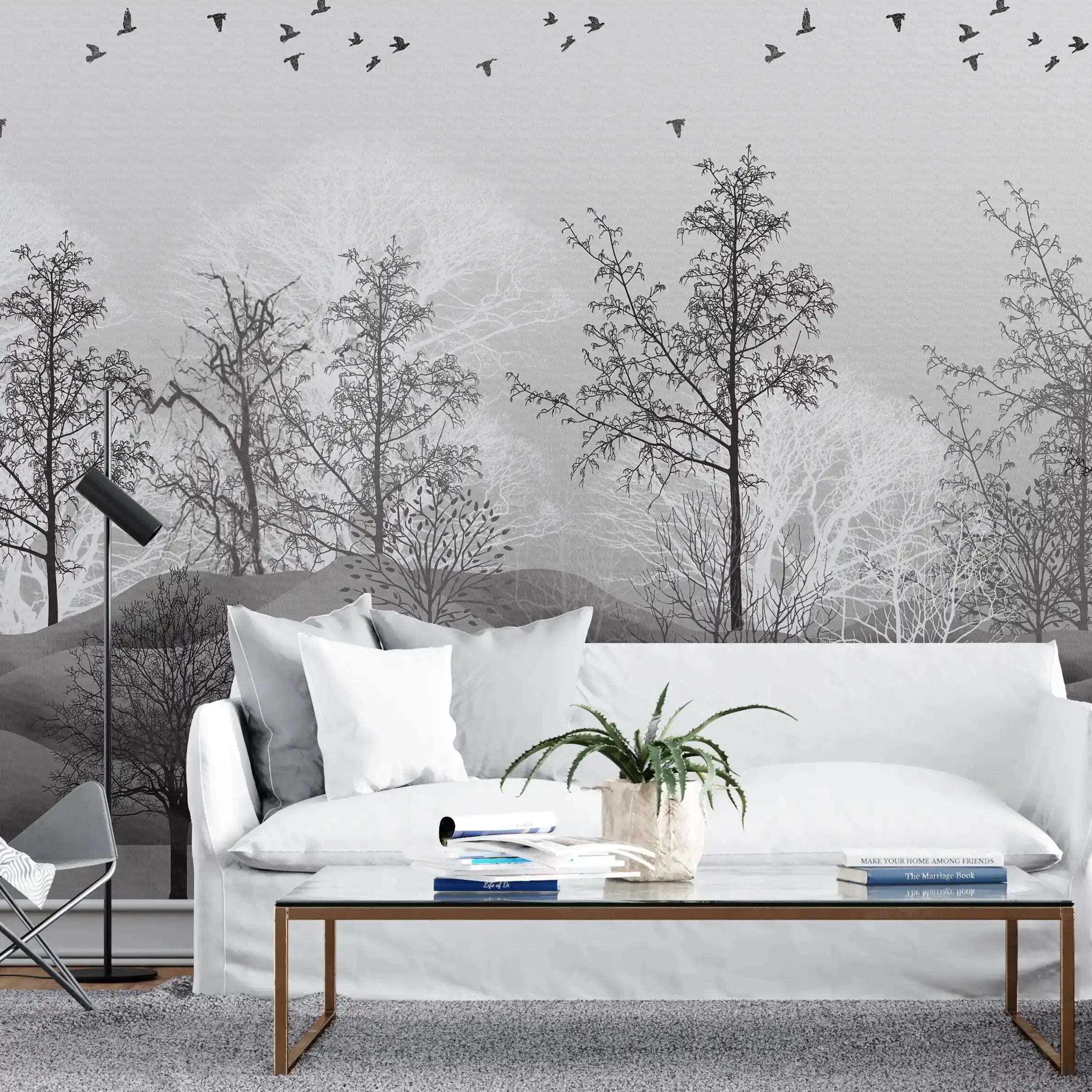 3040-E / Nature-Inspired Peel and Stick Wallpaper: Winter Landscape with Trees and Birds, Perfect for Bathroom and Bedroom - Artevella