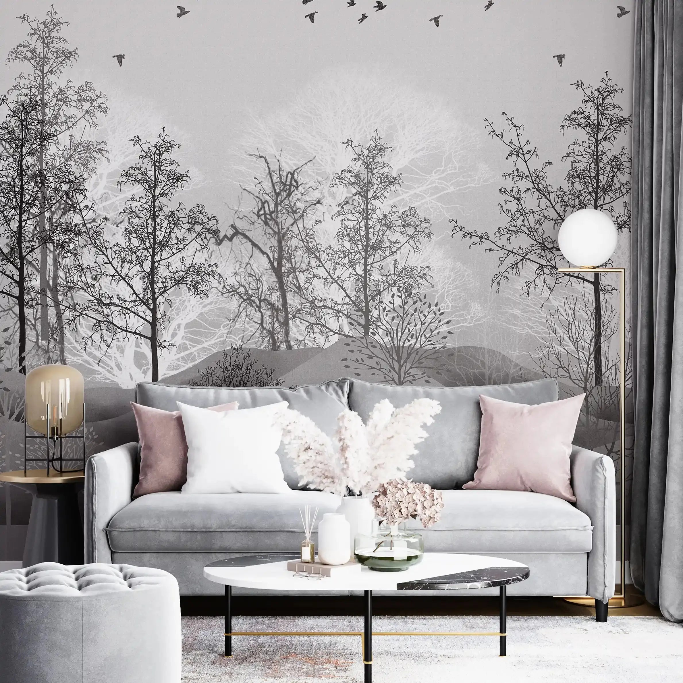 3040-E / Nature-Inspired Peel and Stick Wallpaper: Winter Landscape with Trees and Birds, Perfect for Bathroom and Bedroom - Artevella