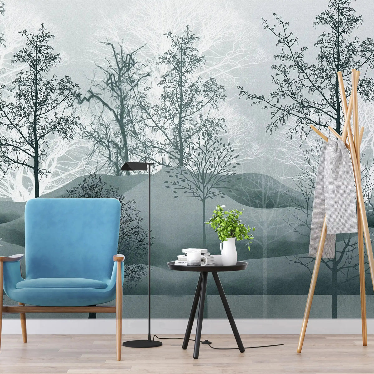3040-F / Nature-Inspired Peel and Stick Wallpaper: Winter Landscape with Trees and Birds, Perfect for Bathroom and Bedroom - Artevella