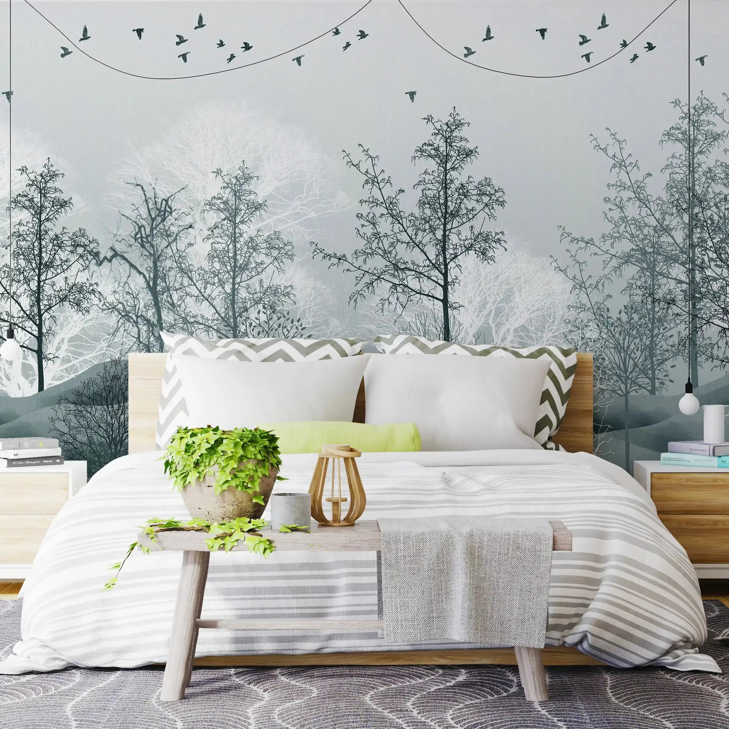 3040-F / Nature-Inspired Peel and Stick Wallpaper: Winter Landscape with Trees and Birds, Perfect for Bathroom and Bedroom - Artevella