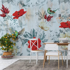 3041-A / Removable Tropical Leaf Wallpaper: Peel and Stick Vintage Red Floral Mural with Birds, Ideal for Nursery, Kitchen & Bathroom - Artevella