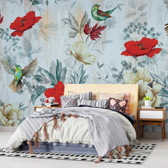 3041-A / Removable Tropical Leaf Wallpaper: Peel and Stick Vintage Red Floral Mural with Birds, Ideal for Nursery, Kitchen & Bathroom - Artevella