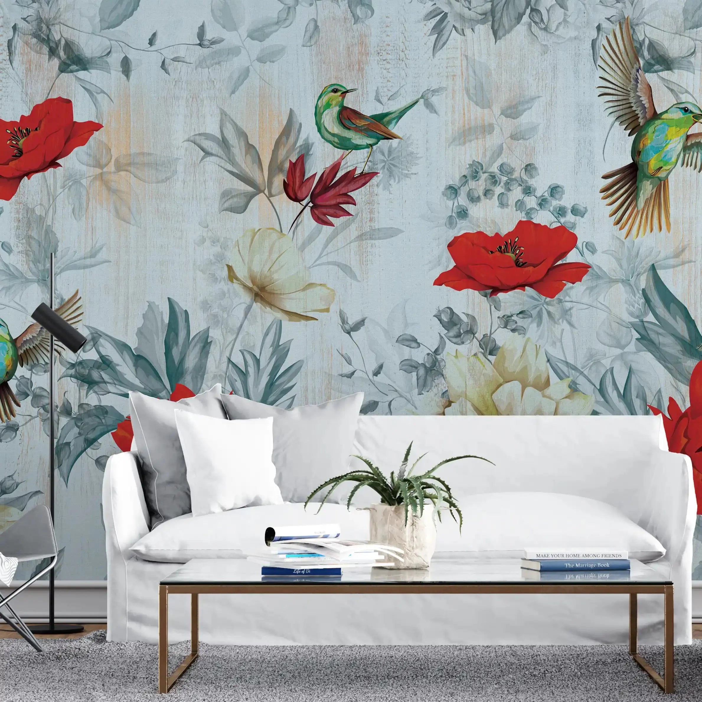 3041-A / Removable Tropical Leaf Wallpaper: Peel and Stick Vintage Red Floral Mural with Birds, Ideal for Nursery, Kitchen & Bathroom - Artevella