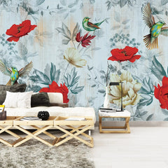 3041-A / Removable Tropical Leaf Wallpaper: Peel and Stick Vintage Red Floral Mural with Birds, Ideal for Nursery, Kitchen & Bathroom - Artevella