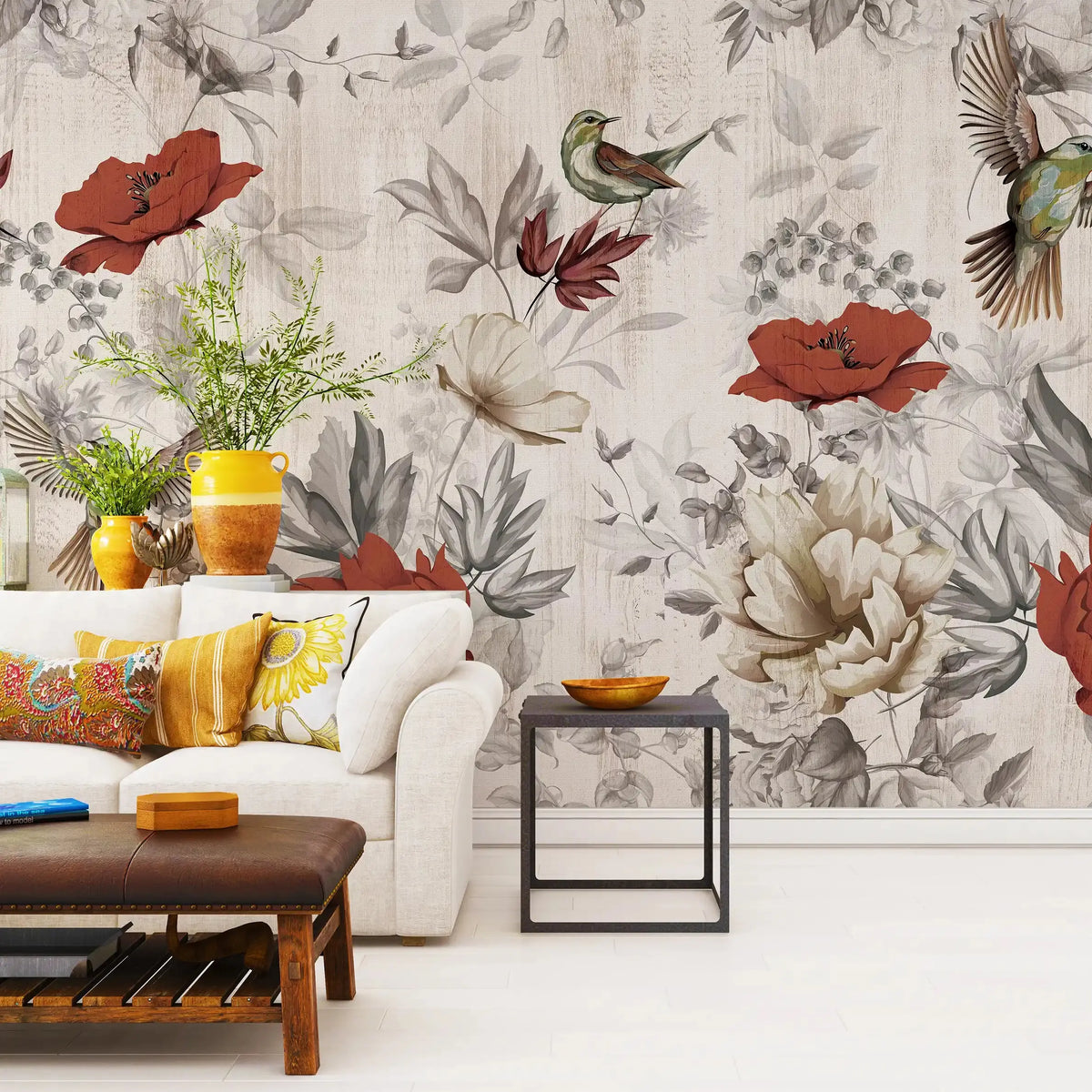 3041-B / Removable Tropical Leaf Wallpaper: Peel and Stick Vintage Red Floral Mural with Birds, Ideal for Nursery, Kitchen & Bathroom - Artevella