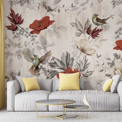 3041-B / Removable Tropical Leaf Wallpaper: Peel and Stick Vintage Red Floral Mural with Birds, Ideal for Nursery, Kitchen & Bathroom - Artevella
