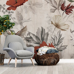 3041-B / Removable Tropical Leaf Wallpaper: Peel and Stick Vintage Red Floral Mural with Birds, Ideal for Nursery, Kitchen & Bathroom - Artevella