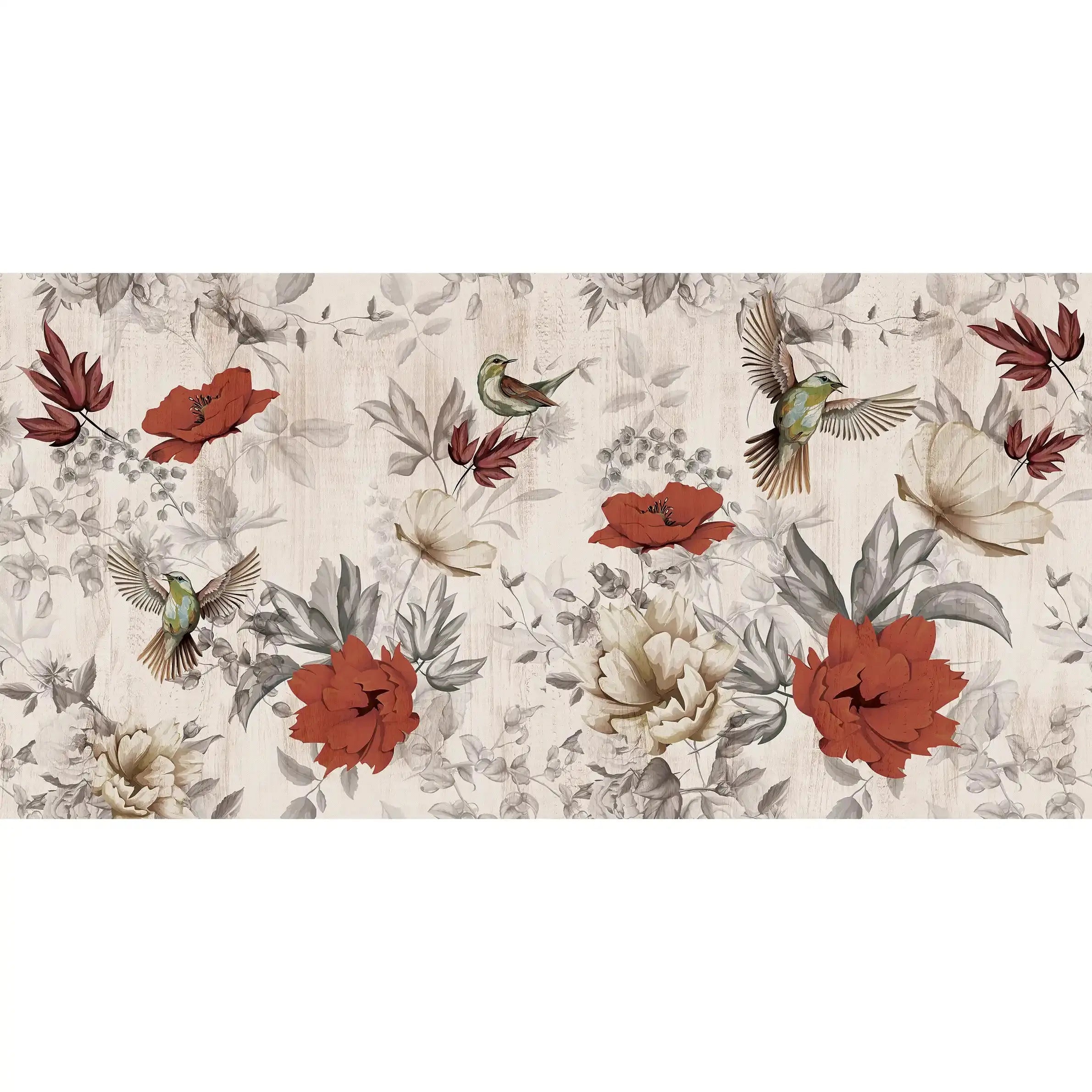 3041-B / Removable Tropical Leaf Wallpaper: Peel and Stick Vintage Red Floral Mural with Birds, Ideal for Nursery, Kitchen & Bathroom - Artevella