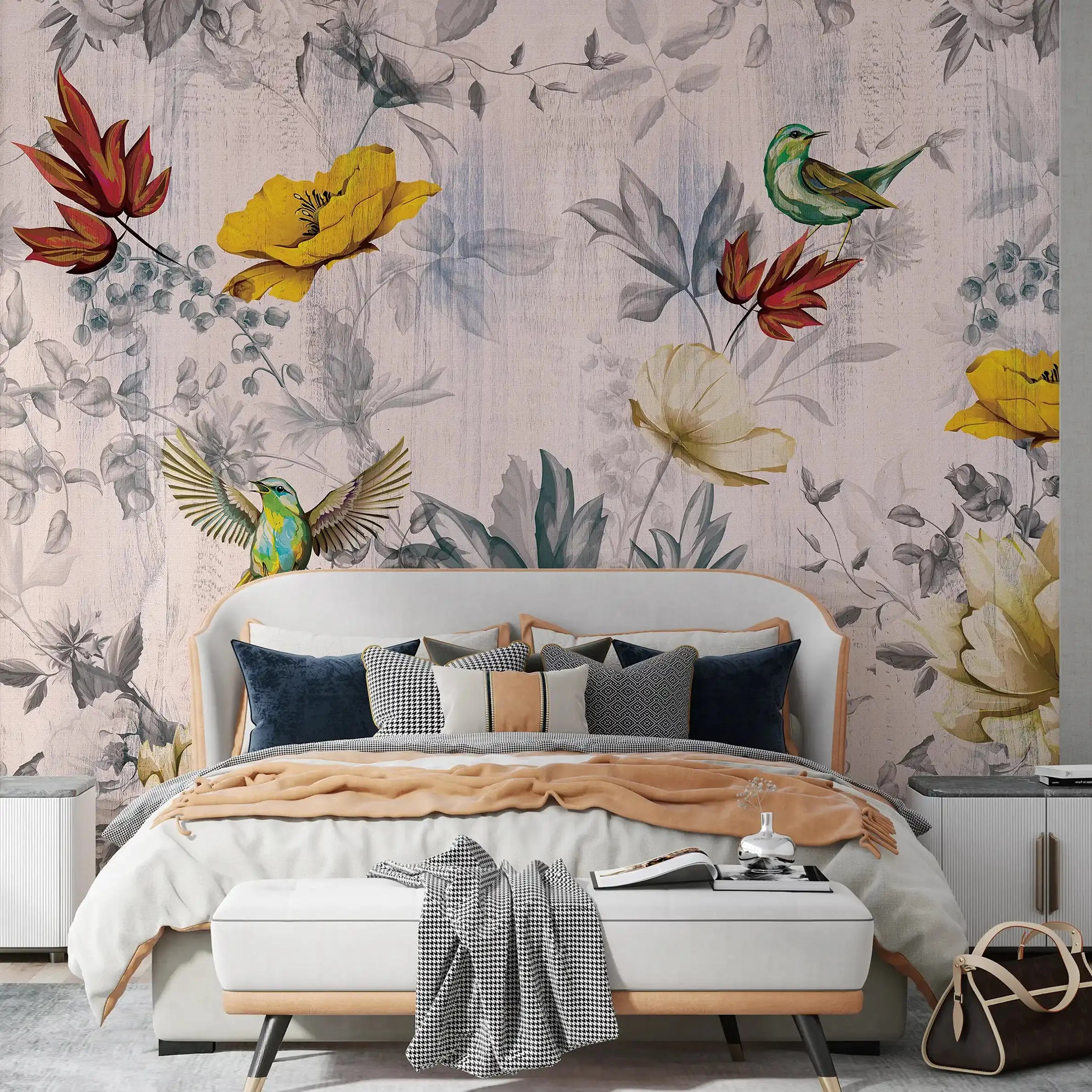 3041-C / Removable Tropical Leaf Wallpaper: Peel and Stick Vintage Red Floral Mural with Birds, Ideal for Nursery, Kitchen & Bathroom - Artevella