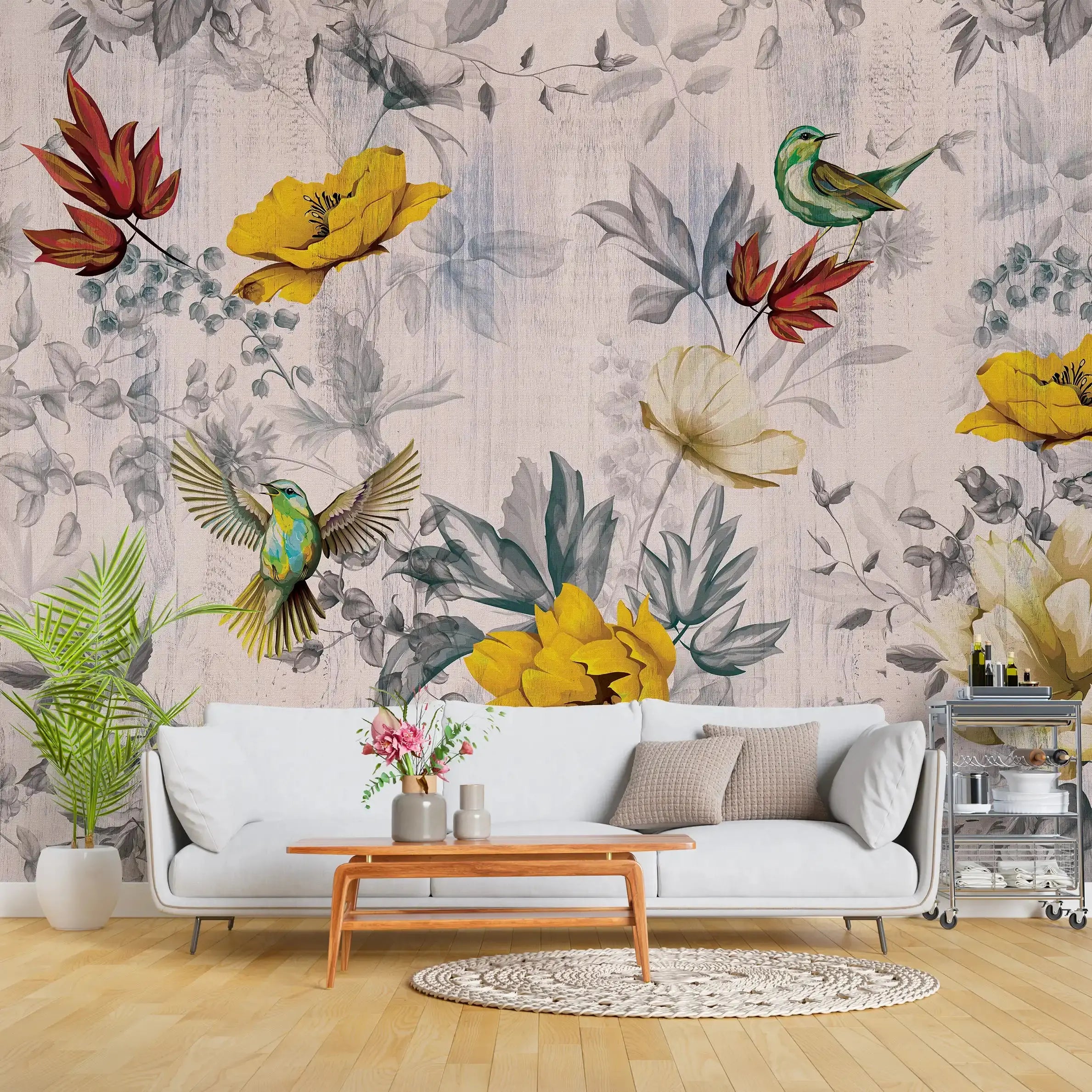 3041-C / Removable Tropical Leaf Wallpaper: Peel and Stick Vintage Red Floral Mural with Birds, Ideal for Nursery, Kitchen & Bathroom - Artevella