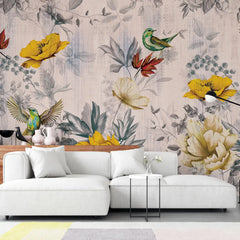 3041-C / Removable Tropical Leaf Wallpaper: Peel and Stick Vintage Red Floral Mural with Birds, Ideal for Nursery, Kitchen & Bathroom - Artevella