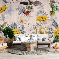 3041-C / Removable Tropical Leaf Wallpaper: Peel and Stick Vintage Red Floral Mural with Birds, Ideal for Nursery, Kitchen & Bathroom - Artevella