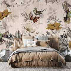 3041-D / Removable Tropical Leaf Wallpaper: Peel and Stick Vintage Red Floral Mural with Birds, Ideal for Nursery, Kitchen & Bathroom - Artevella
