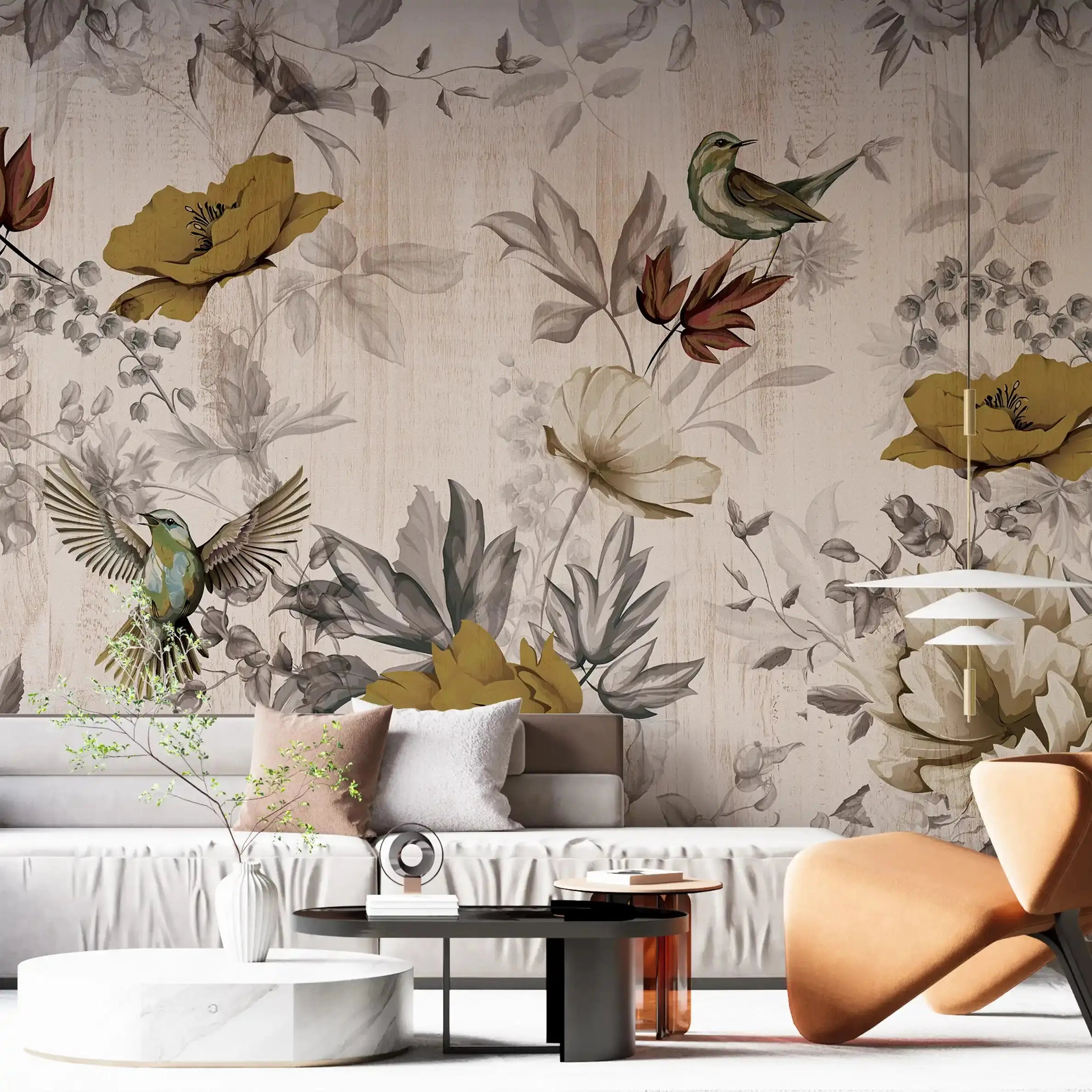 3041-D / Removable Tropical Leaf Wallpaper: Peel and Stick Vintage Red Floral Mural with Birds, Ideal for Nursery, Kitchen & Bathroom - Artevella