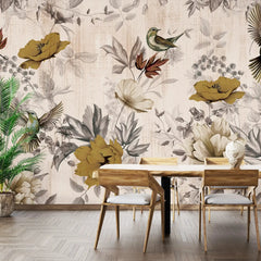 3041-D / Removable Tropical Leaf Wallpaper: Peel and Stick Vintage Red Floral Mural with Birds, Ideal for Nursery, Kitchen & Bathroom - Artevella
