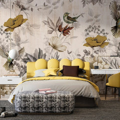 3041-D / Removable Tropical Leaf Wallpaper: Peel and Stick Vintage Red Floral Mural with Birds, Ideal for Nursery, Kitchen & Bathroom - Artevella