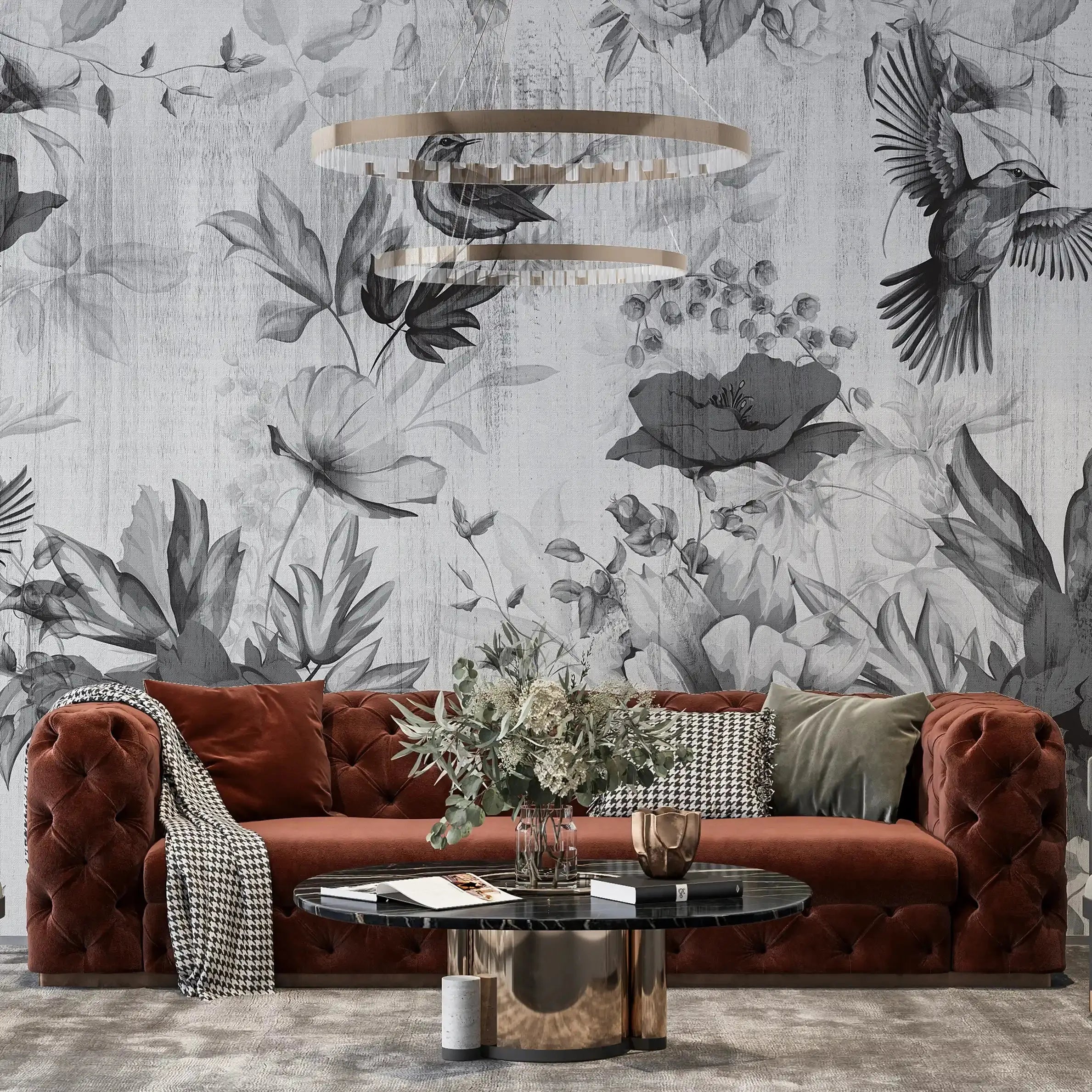 3041-E / Removable Tropical Leaf Wallpaper: Peel and Stick Vintage Red Floral Mural with Birds, Ideal for Nursery, Kitchen & Bathroom - Artevella