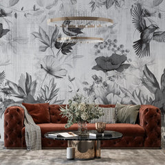 3041-E / Removable Tropical Leaf Wallpaper: Peel and Stick Vintage Red Floral Mural with Birds, Ideal for Nursery, Kitchen & Bathroom - Artevella