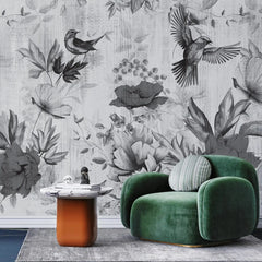 3041-E / Removable Tropical Leaf Wallpaper: Peel and Stick Vintage Red Floral Mural with Birds, Ideal for Nursery, Kitchen & Bathroom - Artevella