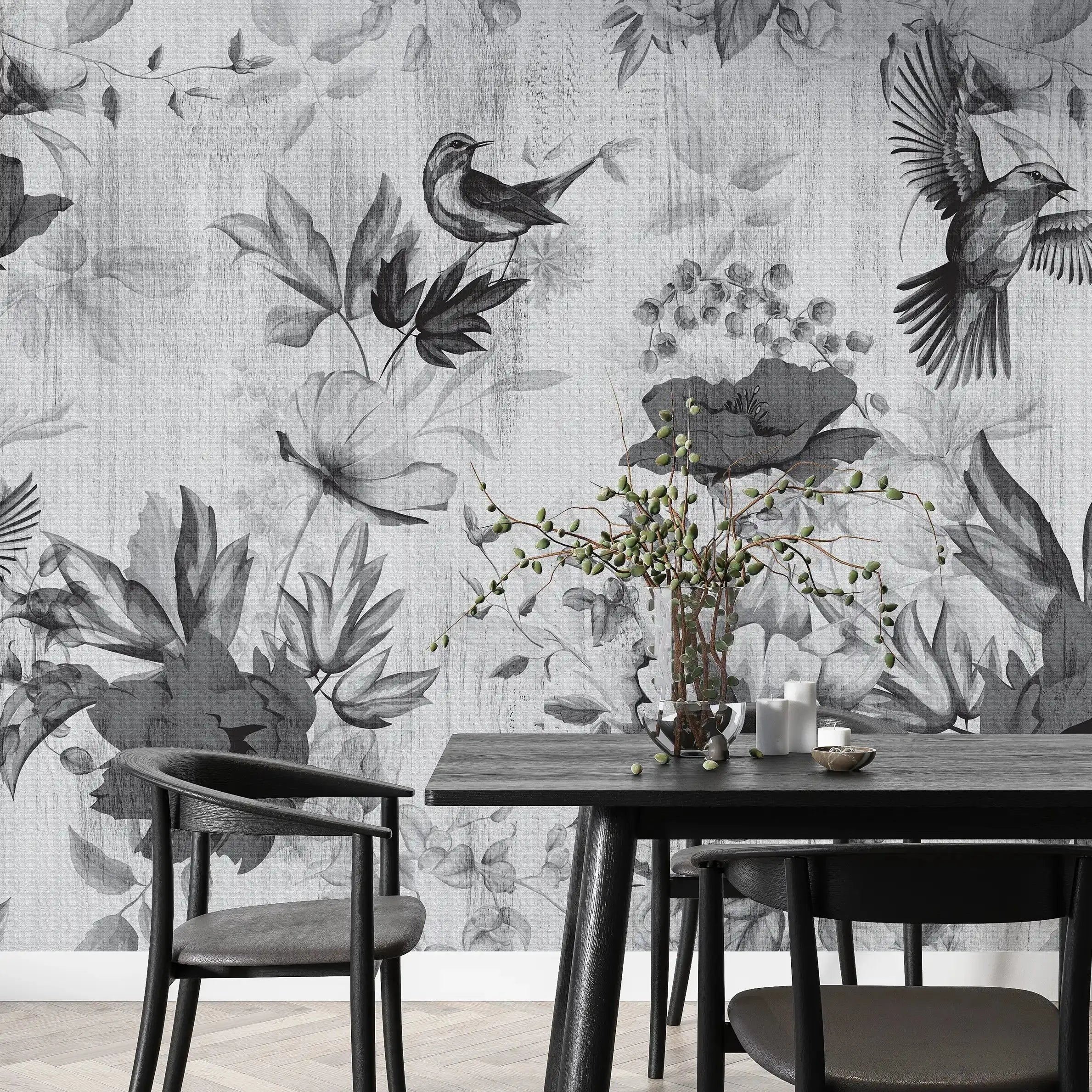 3041-E / Removable Tropical Leaf Wallpaper: Peel and Stick Vintage Red Floral Mural with Birds, Ideal for Nursery, Kitchen & Bathroom - Artevella