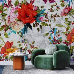 3045-A / Peel and Stick Wallpaper Floral - Large Red Flowers Design, Adhesive Decorative Paper for Bedroom, Kitchen, and Bathroom - Artevella
