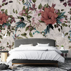 3045-B / Peel and Stick Wallpaper Floral - Large Red Flowers Design, Adhesive Decorative Paper for Bedroom, Kitchen, and Bathroom - Artevella