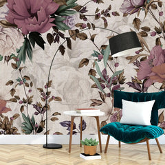 3045-C / Peel and Stick Wallpaper Floral - Large Purple Flowers Design, Adhesive Decorative Paper for Bedroom, Kitchen, and Bathroom - Artevella