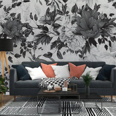 3045-E / Peel and Stick Wallpaper Floral - Large Grey Flowers Design, Adhesive Decorative Paper for Bedroom, Kitchen, and Bathroom - Artevella